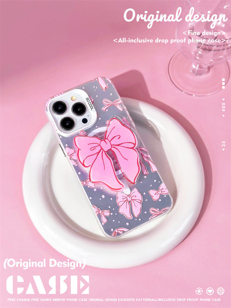 Pink Ballet Ribbon iPhone Case for iPhone 11-15 Pro Max, TPU Protected Robust Case, Magnetic Phone Case With Optional Phone Holder, Coquette Aesthetic for Women Girls Gen Z and Kpop Jpop Fans, Pink Mobile Cases