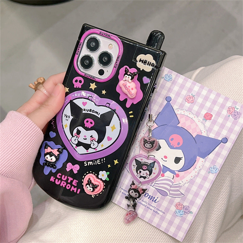 (1+2) Sanrio Kuromi Hello Kitty iPhone Case for iPhone 11-15 Pro Max and iPhone 14 Pro Max, Phone Charm as Gift + Integrated Phone Holder, Retro Y2K Phone Style Available in Black and Beige, Made of TPU Material, Women's Favorite Mobile Phone Cases