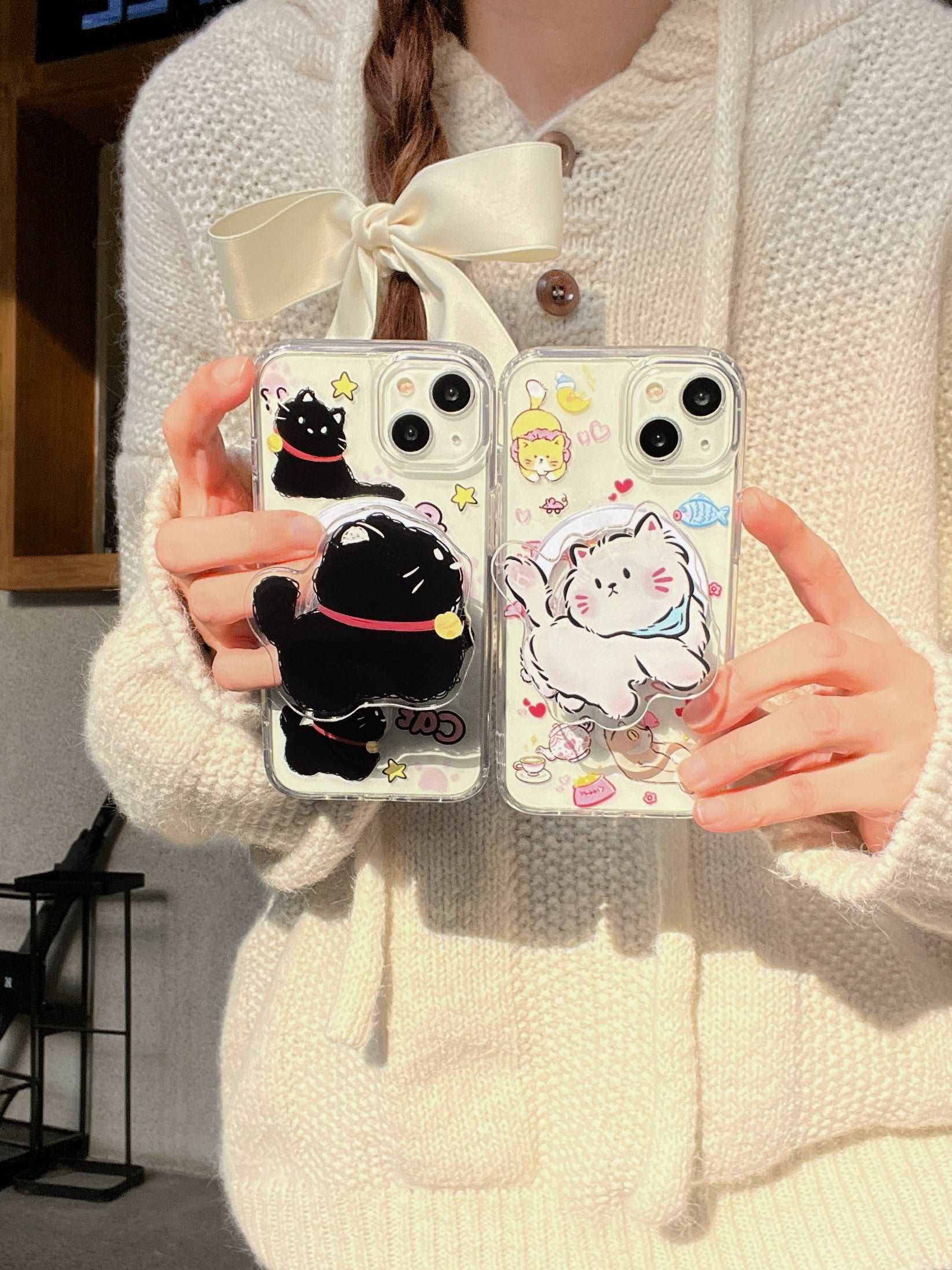 White Cat Black Cat Mobile Phone Case, Y2K Pink Coquette Dark Coquette Magnatic iPhone Case for iPhone 11-15 Pro Max With Optional Acrylic Phone Holder for Cat Lovers
