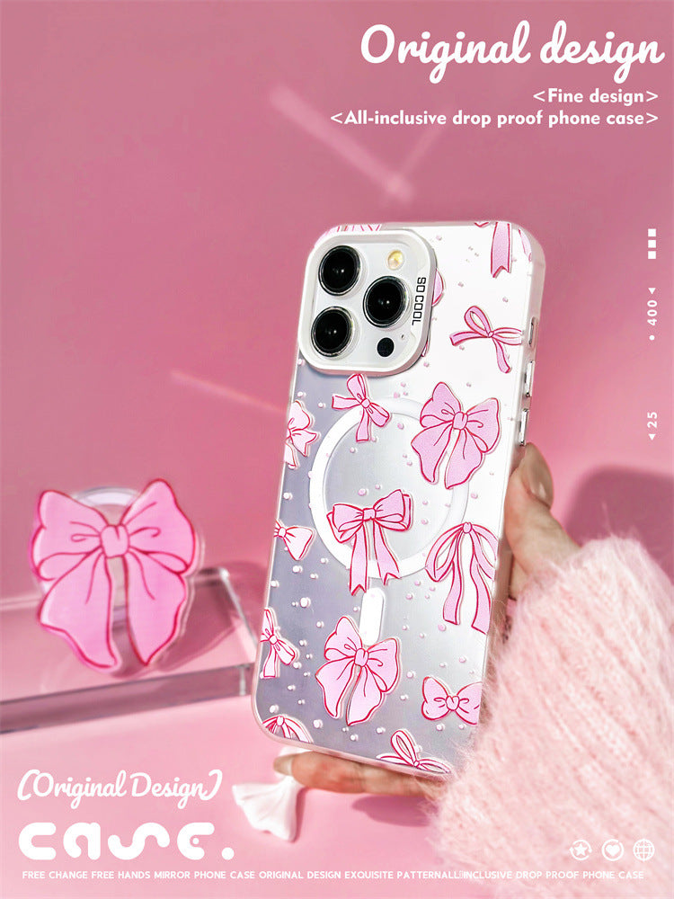 Pink Ballet Ribbon iPhone Case for iPhone 11-15 Pro Max, TPU Protected Robust Case, Magnetic Phone Case With Optional Phone Holder, Coquette Aesthetic for Women Girls Gen Z and Kpop Jpop Fans, Pink Mobile Cases