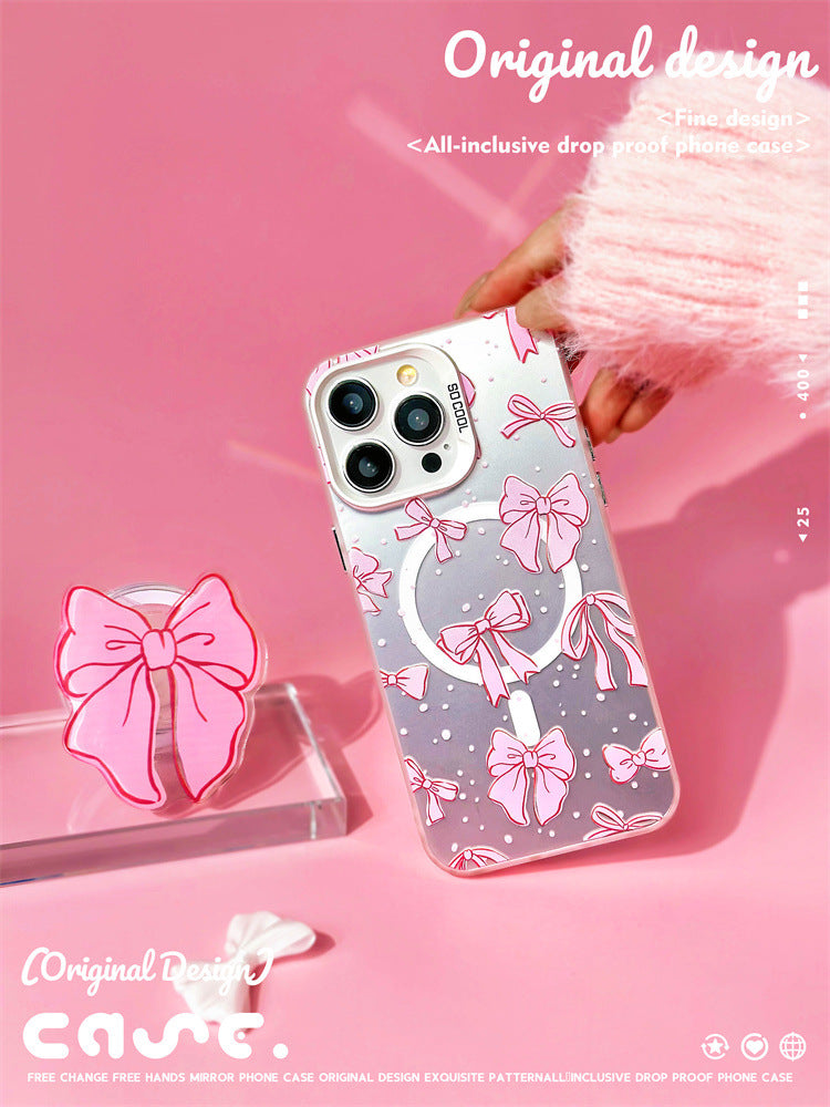 Pink Ballet Ribbon iPhone Case for iPhone 11-15 Pro Max, TPU Protected Robust Case, Magnetic Phone Case With Optional Phone Holder, Coquette Aesthetic for Women Girls Gen Z and Kpop Jpop Fans, Pink Mobile Cases