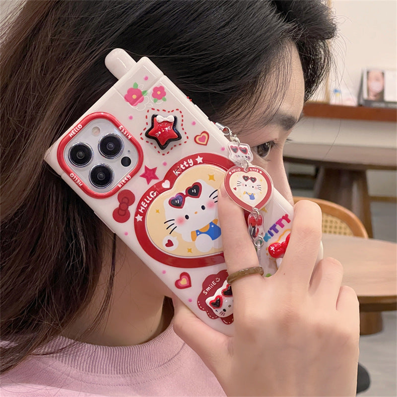 (1+2) Sanrio Kuromi Hello Kitty iPhone Case for iPhone 11-15 Pro Max and iPhone 14 Pro Max, Phone Charm as Gift + Integrated Phone Holder, Retro Y2K Phone Style Available in Black and Beige, Made of TPU Material, Women's Favorite Mobile Phone Cases