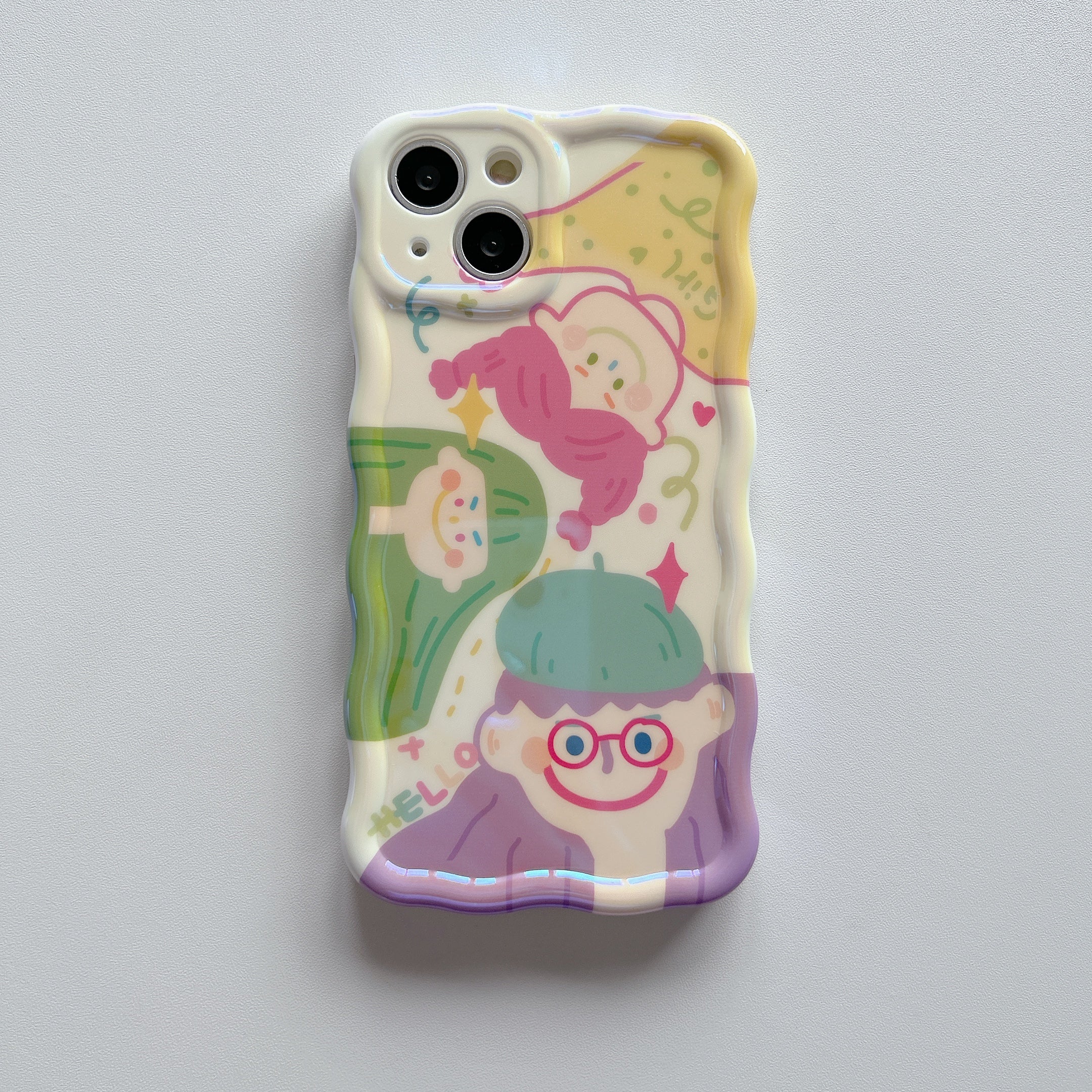 Stylish iPhone case adorned with multiple cartoon characters in pastel hues