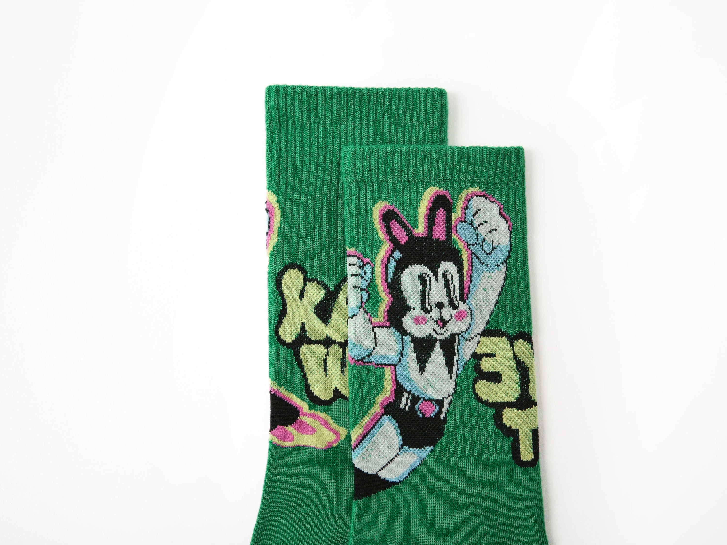 A single pair of socks from the set displaying a fun cartoon character design