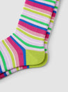 A single pair of socks featuring a mix of green, pink, and blue stripes