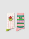 Two cartoon character-themed socks for women in white and pink
