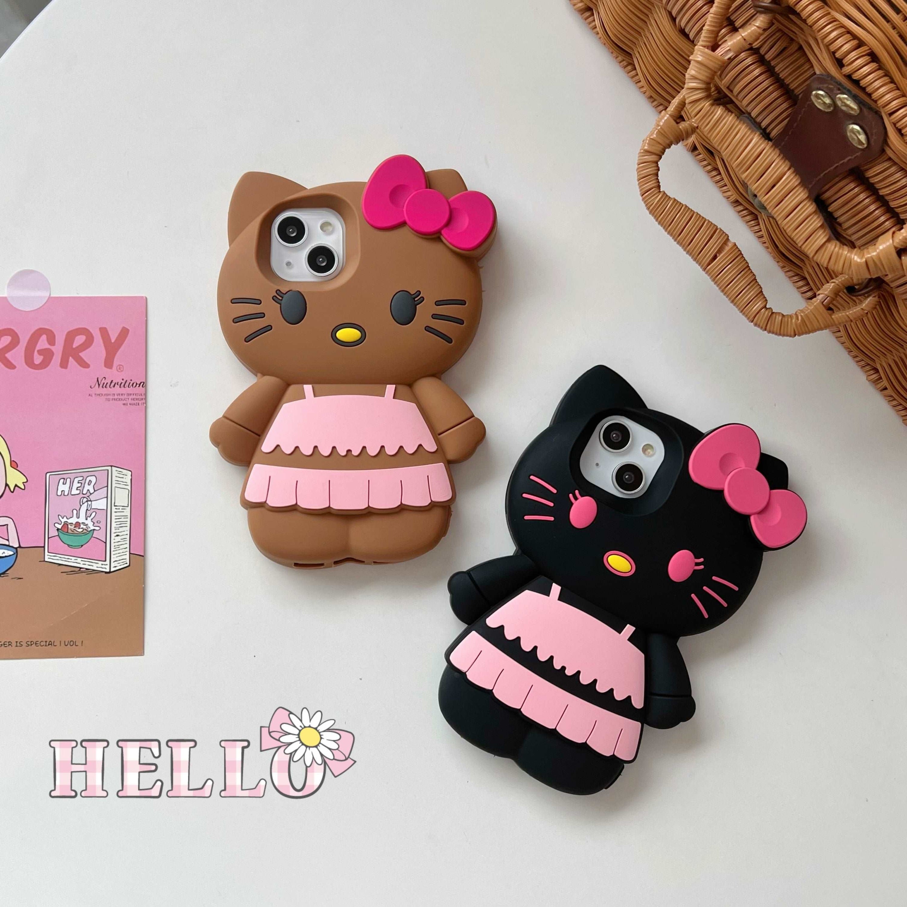 Detailed view of two black and brown Hello Kitty iPhone cases for iPhone 13 Pro Max