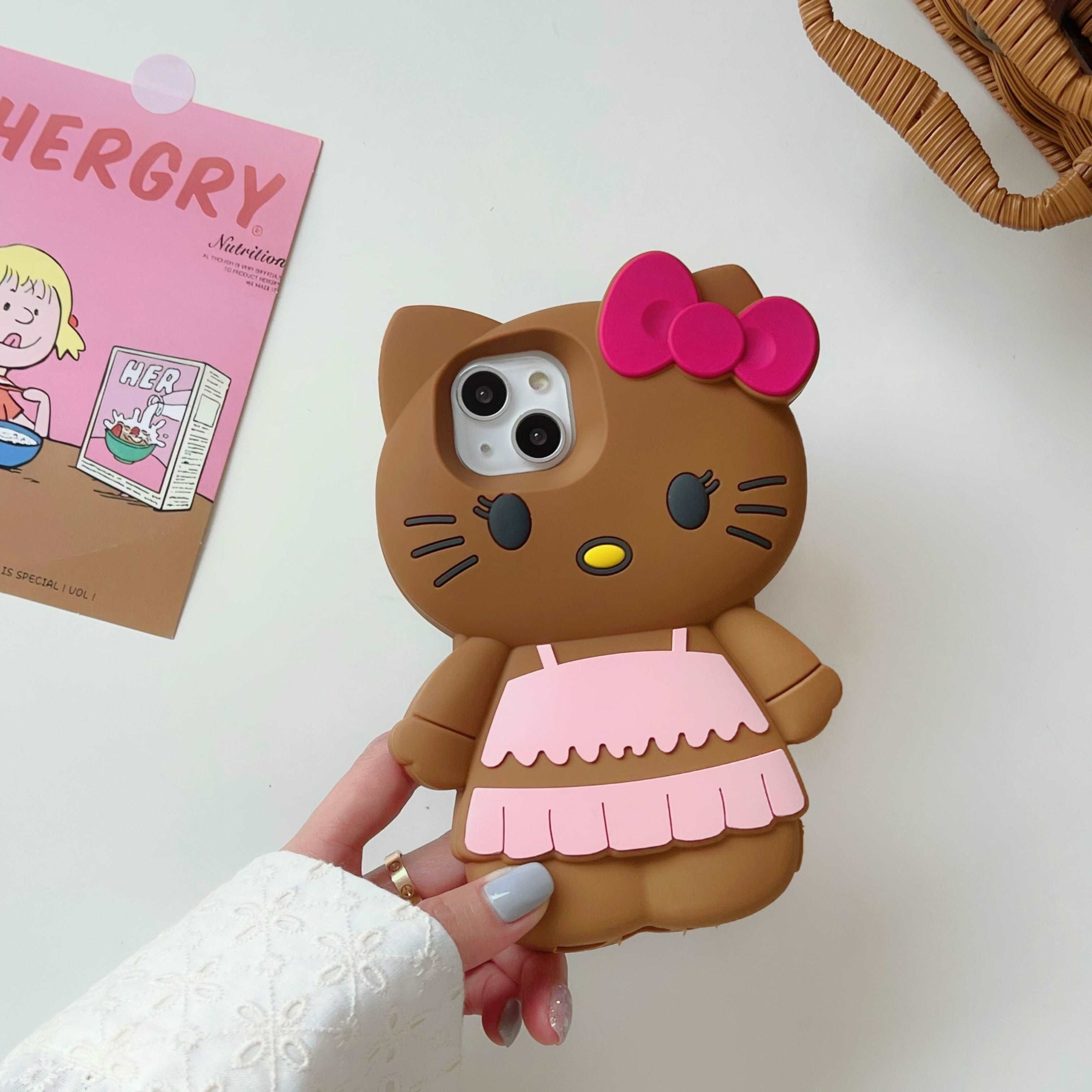 Brown Hello Kitty iPhone case showcasing its compatibility with iPhone 14 Pro Max