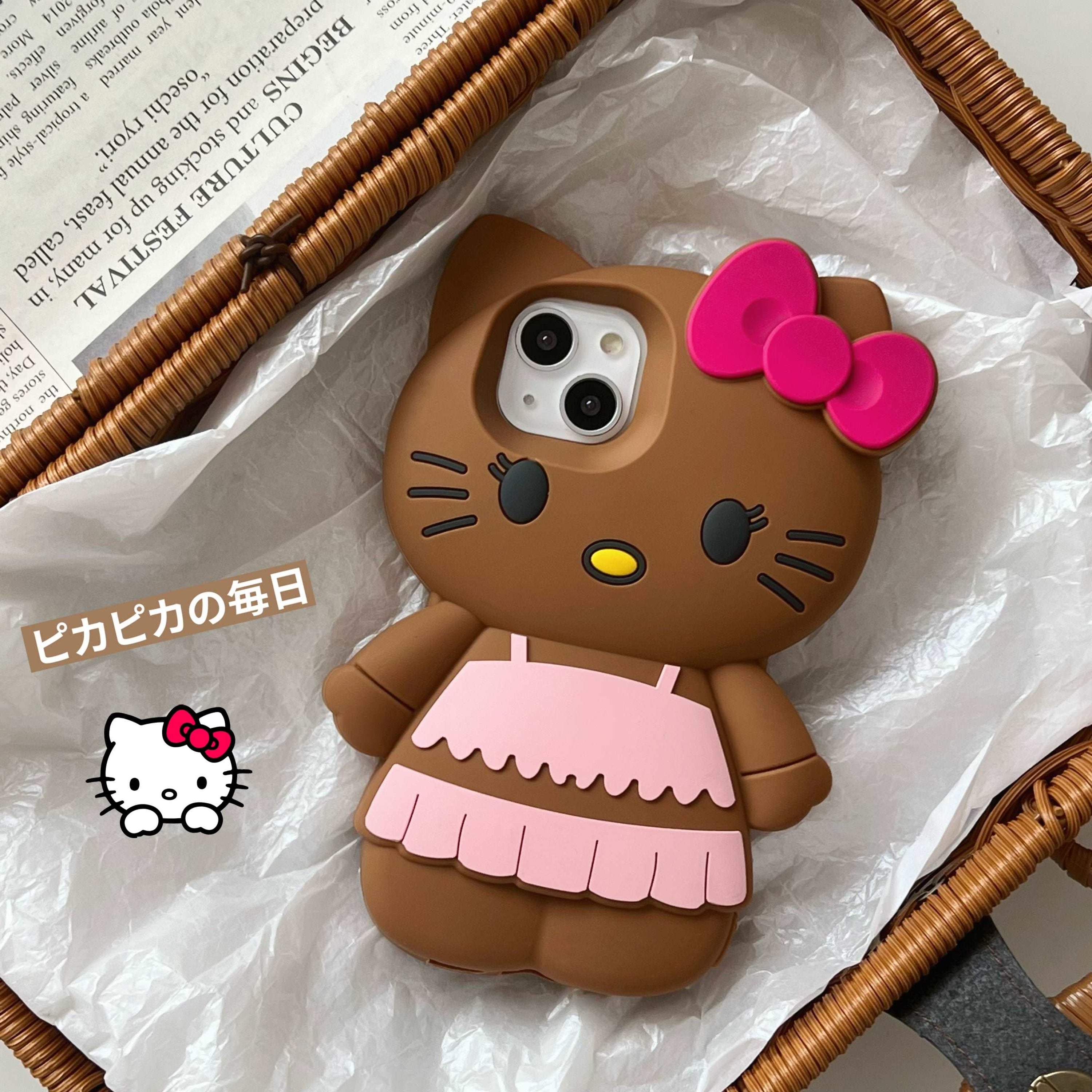 Brown Hello Kitty case for iPhone 14 series, featuring soft silicone and shockproof design