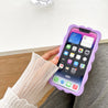 Woman showcasing her iPhone adorned with a purple Kuromi cartoon case